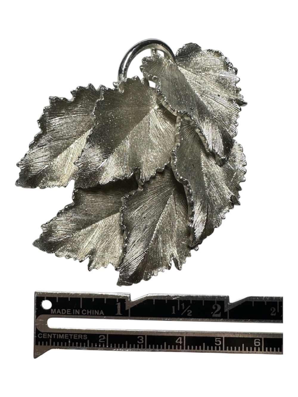 Vintage Silver Tone Layered Leaf Brooch Pin Nature Botanical Statement Jewelry
